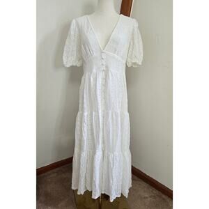 Aura White Lace Dress Large Tiered Midi Peasant Fairy Boho Coastal Puff Sleeve